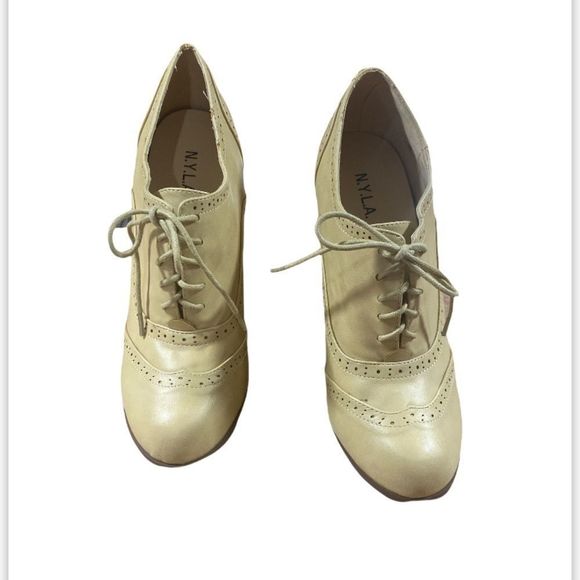 N.Y.L.A Dazey Beige Wingtip Platform High Block Heel Pumps Oxfords Size… - Picture 3 of 9